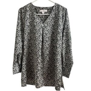 Madison Grey Black White Floral V-Neck Long Sleeve Tunic Blouse Small
